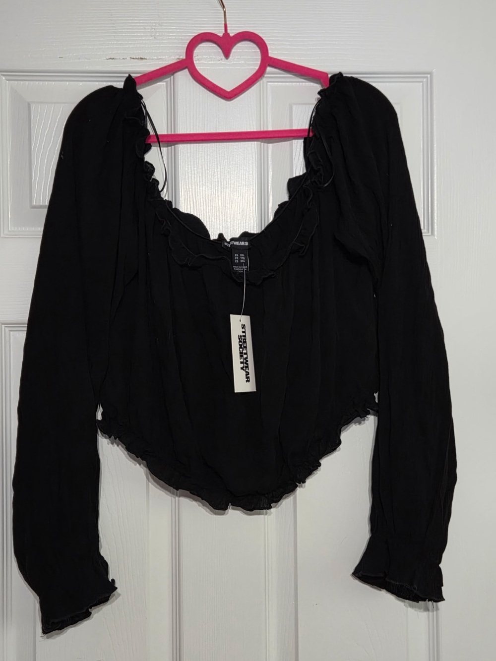NWT Streetwear Society Black Long Sleeve Ruffle Peasant Crop Blouse
